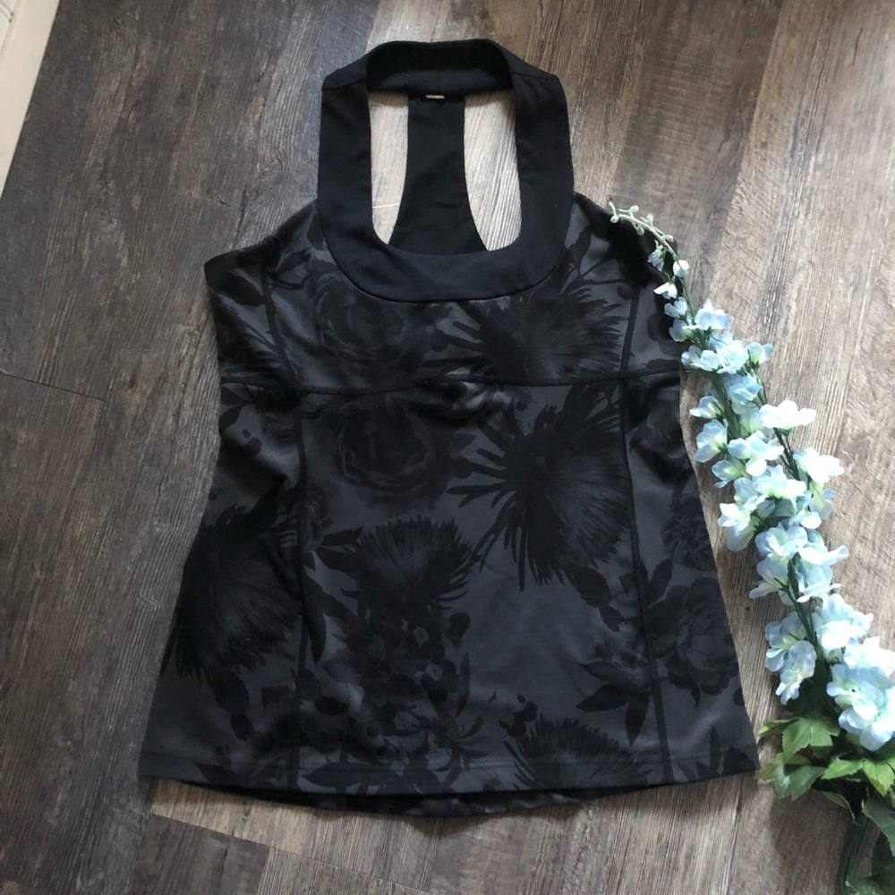 Lululemon | Black Floral Scoop Neck Tank